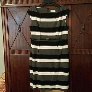 Calvin Klein belted black, white and gray dress